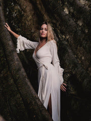 Ayumi Kimono in Natural White - Organic Cotton and Linen Blend with Shimmering Trims and Customizable Beaded Belt, showcasing Artisan Craftsmanship for Sustainable Elegance.